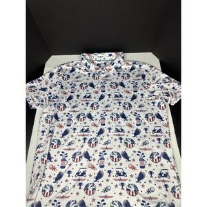 PPOLAFLON‎ Golf Polo Shirt Size 2XL Red White Blue AOP Printed Activewear Casual